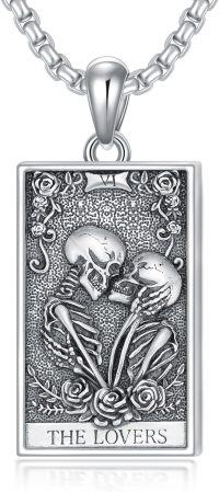 wholesale 925 Sterling Silver 925 - The Lovers Tarot Card Skulls Pendant Necklace with Roses and Flowers Design-The Lovers Tarot Card