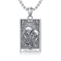 wholesale 925 Sterling Silver 925 - The Lovers Tarot Card Skulls Pendant Necklace with Roses and Flowers Design-The Lovers Tarot Card