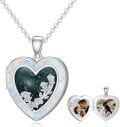 wholesale 925 Sterling Silver Photo Locket Necklace w/Heart Shape Opal Stone & Flower Design - Gifts for Women/Mom/Daughter-0-0