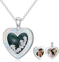 wholesale 925 Sterling Silver Photo Locket Necklace w/Heart Shape Opal Stone & Flower Design - Gifts for Women/Mom/Daughter-09-Style 9