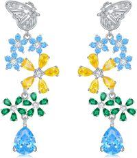 wholesale 925 Sterling Silver Butterfly & Flower Drop Earrings with Blue and Yellow Stones-Butterfly-Ice Blue