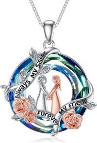 wholesale 925 Sterling Silver Blue Crystal Rose Flower Sisters Forever Pendant Necklace-B-Sister Necklace for 2-Blue-Letter
