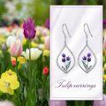 wholesale 925 Sterling Silver Purple Tulips Drop Earrings with Green Leaves and Teardrop Shape-0-5