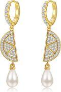 wholesale Gold 925 Sterling Silver Pearl Drop Geometric Hoop Earrings-0-0