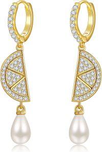wholesale Gold 925 Sterling Silver Pearl Drop Geometric Hoop Earrings-Lemon
