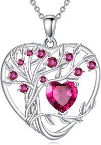 wholesale 925 Sterling Silver Birthstone Tree of Life Heart Pendant Necklace for Women-G July Red