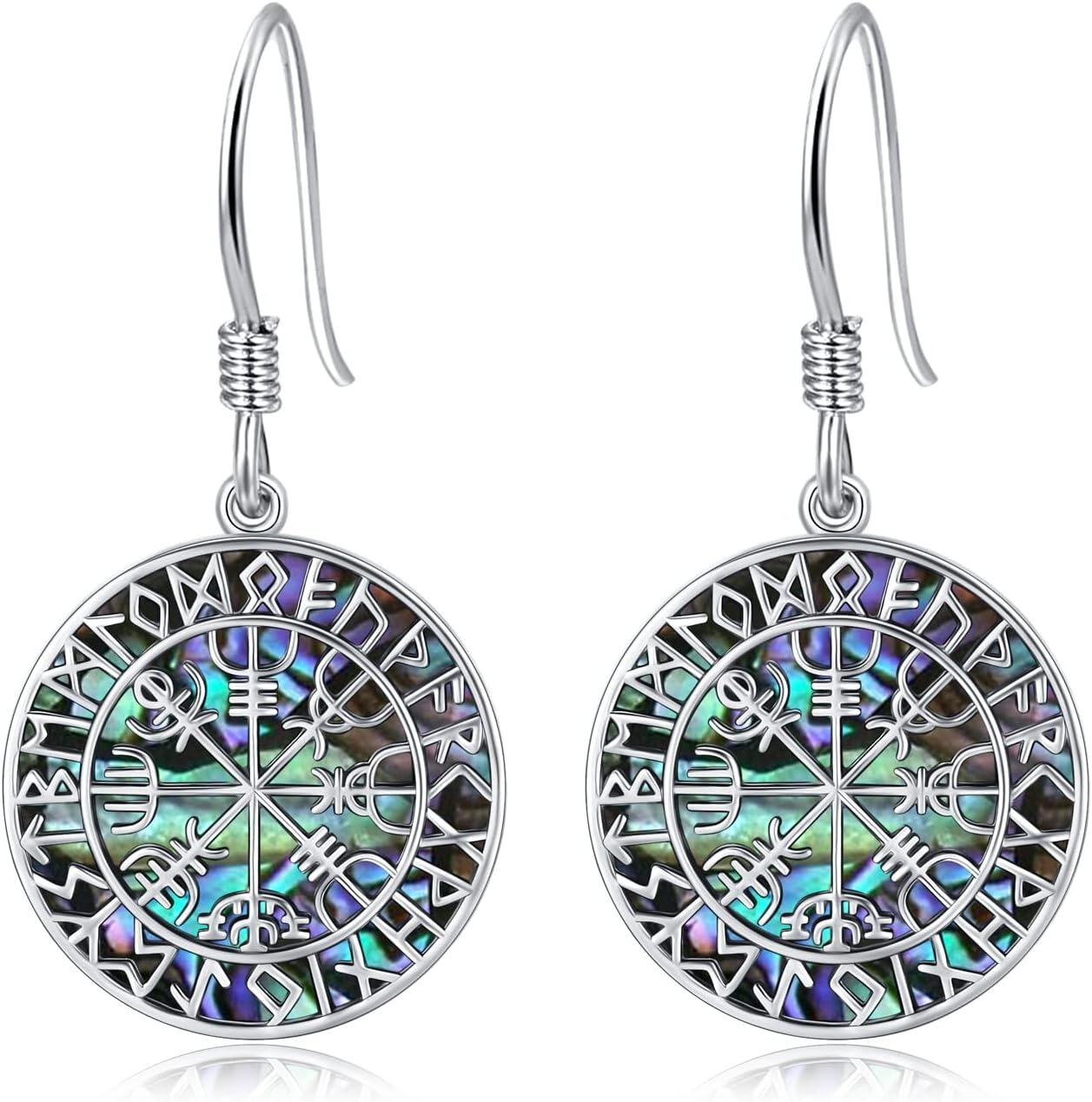 wholesale 925 Sterling Silver Norse Vegvisir Compass Dangle Earrings with Runes - Vintage Viking Style for Men & Women, Lucky Charm, Hypoallergenic, Gift Box-0-0