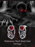 wholesale 925 Sterling Silver Heart-Shaped Red Stone Skeleton Hands Stud Earrings-0-4