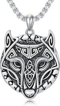 wholesale 925 Sterling Silver Wolf Head Pendant with Rune Design and Celtic Knots on 24 Chain Gift for Men Women Norse Viking Style Jewelry Necklaces -02-Fenrir Wolf