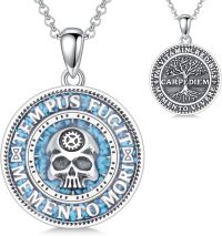 wholesale 925 Sterling Silver Round Turquoise Stone Pendant with Skull and Tree of Life Design - Memento Mori Necklace for Women Men Gifts-Memento Mori