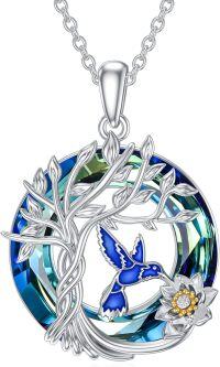 wholesale 925 Sterling Silver Tree of Life Hummingbird Pendant Necklace with Blue Crystal Memorial Keepsake Jewelry for Women-Blue Hummingbird