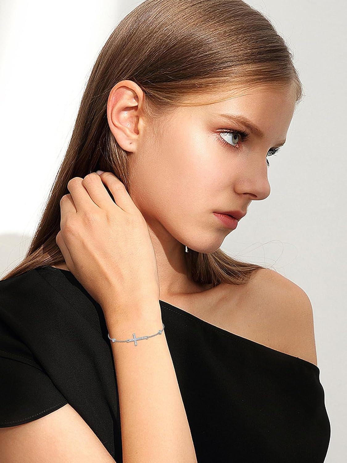 wholesale 925 Sterling Silver Cross Bracelet with CZ Stones and Hammered Finish-0-1
