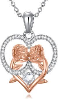 wholesale 925 Sterling Silver Heart Pendant Necklace w/ 2 Roses & Clear Crystals-Heart Roses