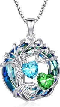 wholesale 18K White Gold Filled Sterling Silver Family Tree Pendant with 2 Heart Birthstones Blue Austrian Crystal Necklace for Women-03-05-Mar-May Birthstone
