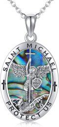 wholesale 925 Sterling Silver Oval Abalone Shell Saint Michael Protect Us Pendant Necklace-0-0