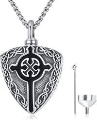 wholesale 925 Sterling Silver Celtic Cross Shield Keepsake Memorial Urn Locket Necklace with Funnel and Fill Tool for Men's Ashes Jewelry -Cross