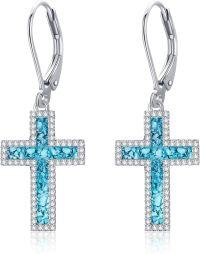 wholesale 925 Sterling Silver Turquoise Cross Earrings, Natural Stone Dangle Earrings for Women, Hope Green Jewelry Gift for Christmas Birthday-Cross