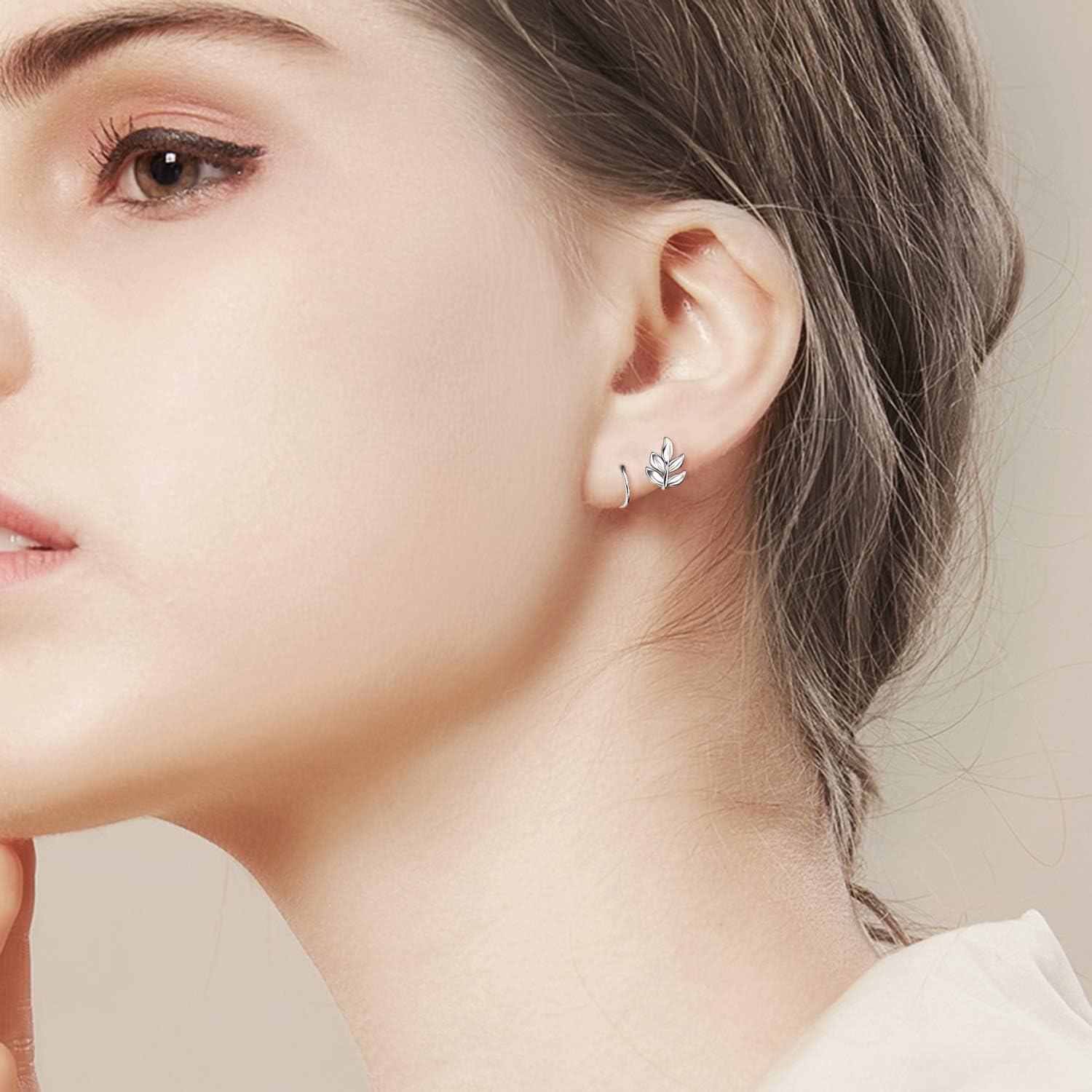 925 Sterling Silver Leaf Wrap Stud Earrings - Climbing Ear Jackets for Women and Girls-0-5