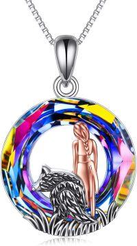 wholesale 925 Sterling Silver Rainbow Crystal Mermaid and Wolf Pendant Necklace for Women-wolf women necklace