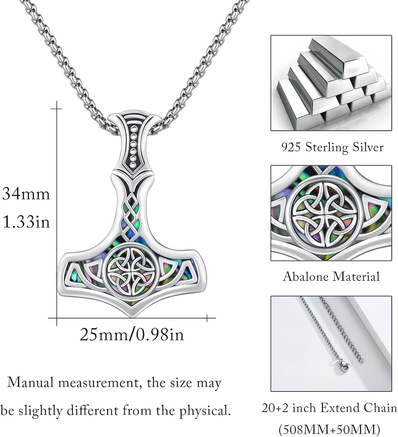 wholesale 925 Sterling Silver & Abalone Shell Mjolnir Viking Pendant Necklace for Men-0-4