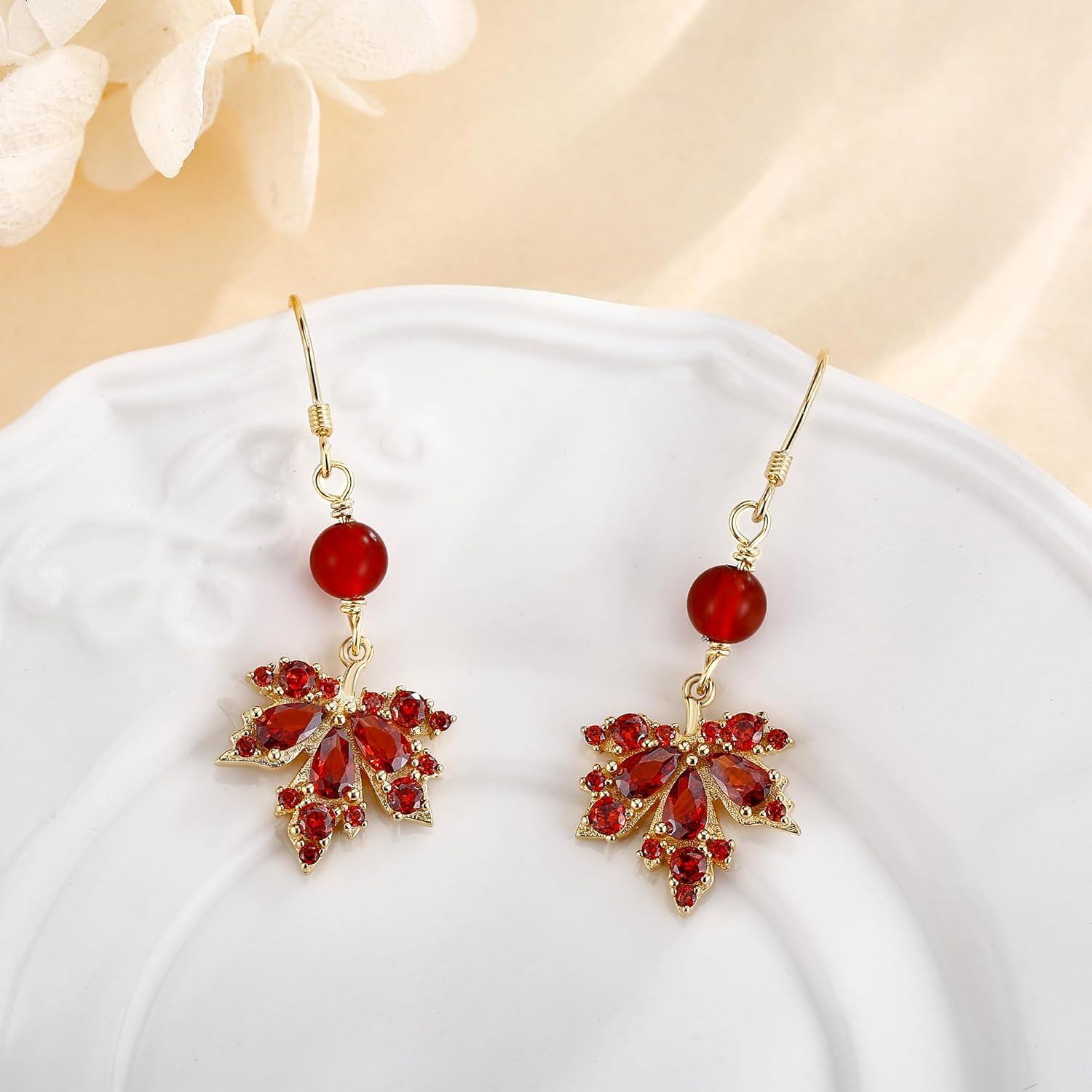 Gold Plated Red Crystal Leaf Drop Dangle Earrings  for Her-0-3