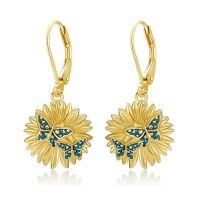 wholesale 925 Sterling Silver Gold Plated Sunflower Blue Enamel Butterfly Drop Earrings-Butterfly