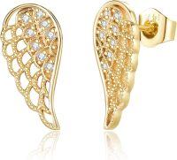 wholesale 14K Gold Angel Wings Studs with Cubic Zirconia and Heart Design Backing - Elegant  for Her (Pair)-Angel Wing Earrings