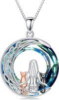 wholesale 925 Sterling Silver Blue Crystal Celtic Knot Cat & Mermaid Pendant Necklace-0-0