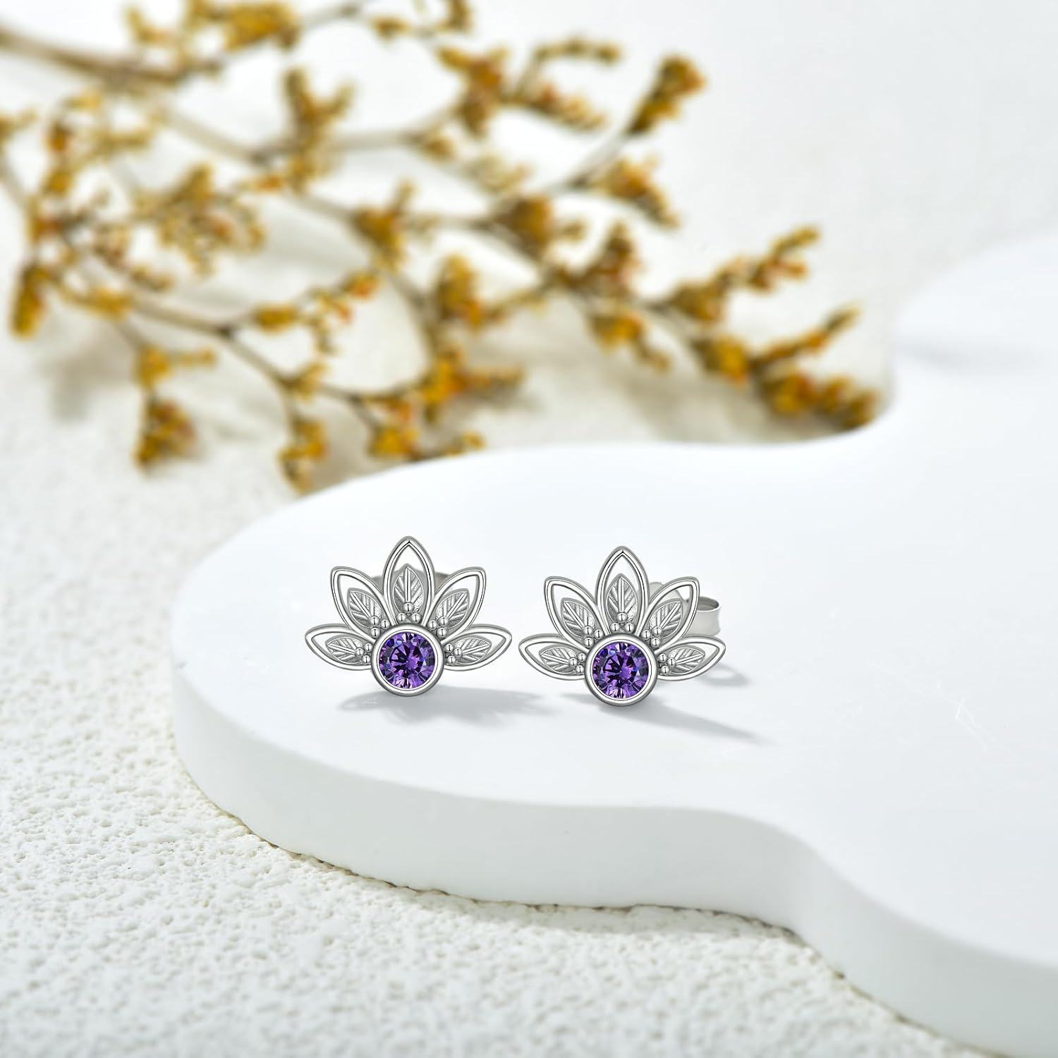 Sterling Silver Amethyst Flower Stud Earrings for Women Girls Mum Gifts-0-5