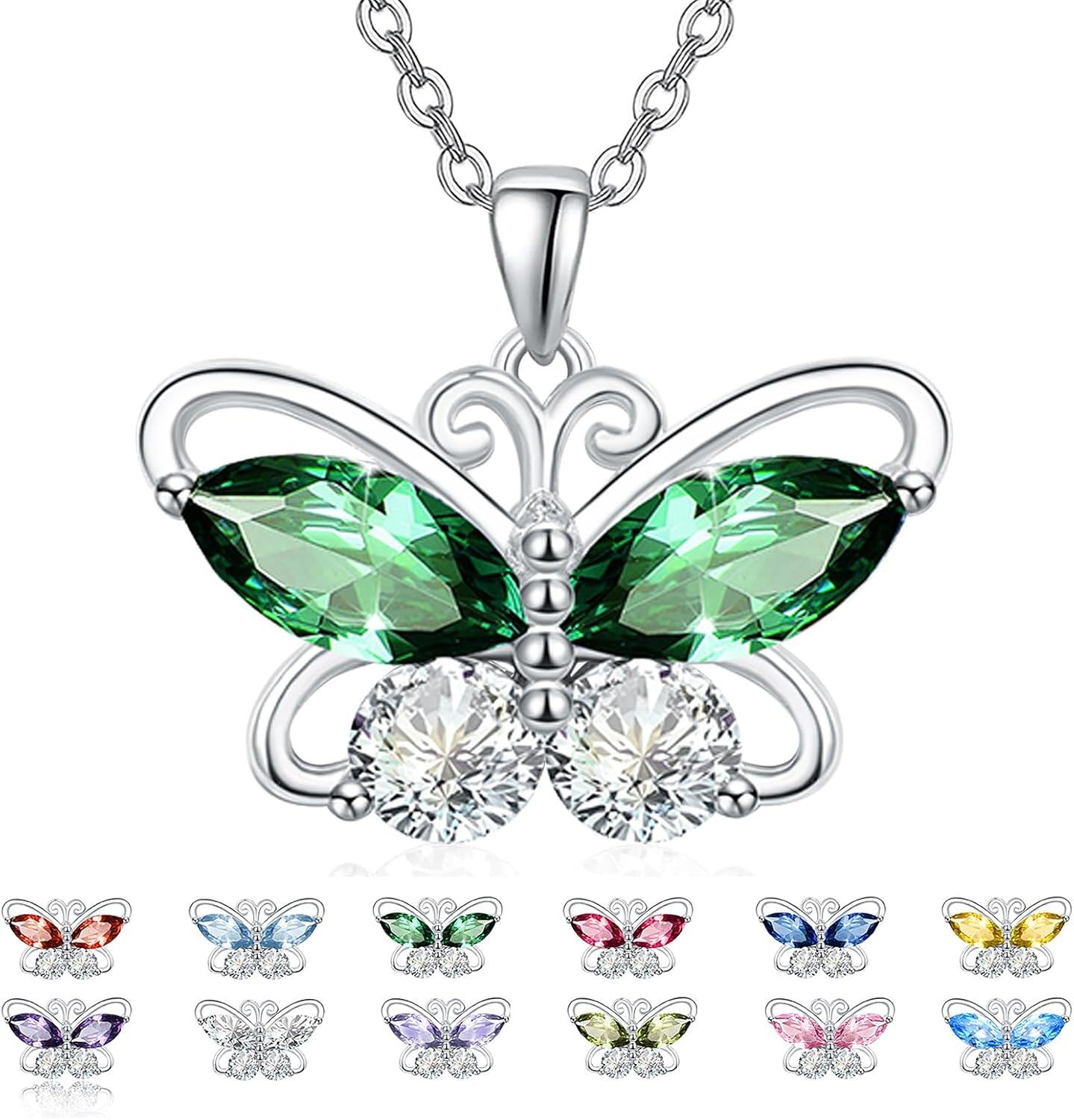 Sterling Silver Cubic Zirconia 12 Birthstone Butterfly Pendant Necklace-05-May