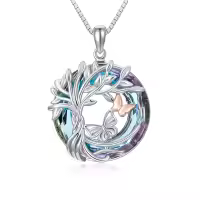 TOUPOP Sterling Silver Purple Crystal Butterfly Tree Of Life Pendant Necklace-undefined