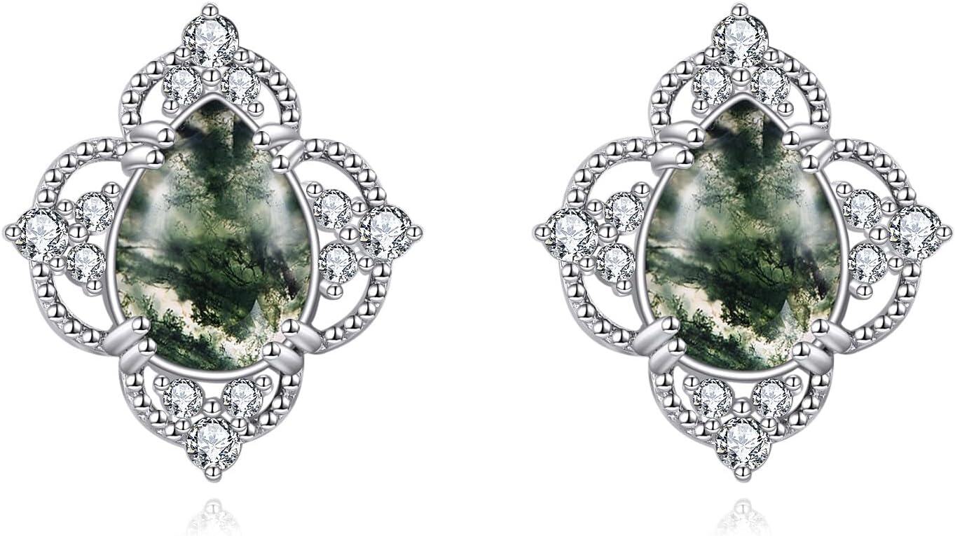 wholesale 925 Sterling Silver Natural Moss Agate Stud Earrings - Pear/Kite/Oval/Round/Cushion Shaped Vintage Jewelry for Women-0-0