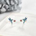 wholesale 925 Sterling Silver Hummingbird Stud Earrings with Red Flower and Enamel Accents - Mother's Day Gift Idea-0-3
