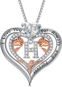 wholesale Sterling Silver Rose Pendant Necklace A Z Initial Letter Heart Jewelry for Women Valentine Mother s Day Birthday Gifts for Her-Letter H
