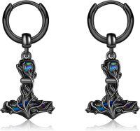 wholesale  Black Viking Hammer Mjolnir Opal Stone Huggie Hoop Earrings for Men & Women (Set of 2)-black thor hammer