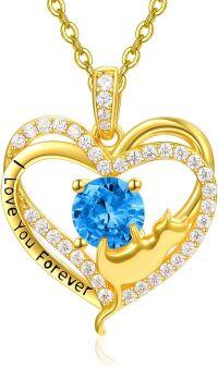 wholesale Sterling Silver Birthstone Cat Projection Heart Pendant Necklace-Gold-12 Dec - Topaz