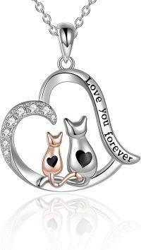 wholesale 925 Sterling Silver Love You Forever Cats Heart Pendant Necklace Gift for Women Mom Daughter Wife-silver-cat necklace