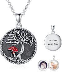 wholesale Sterling Silver Round Picture Locket Necklace Holds 2 Photos Jewelry Gift-Tree of Life Mushroom Locket+Photo+Text-Tree of Life Mushroom Locket Only