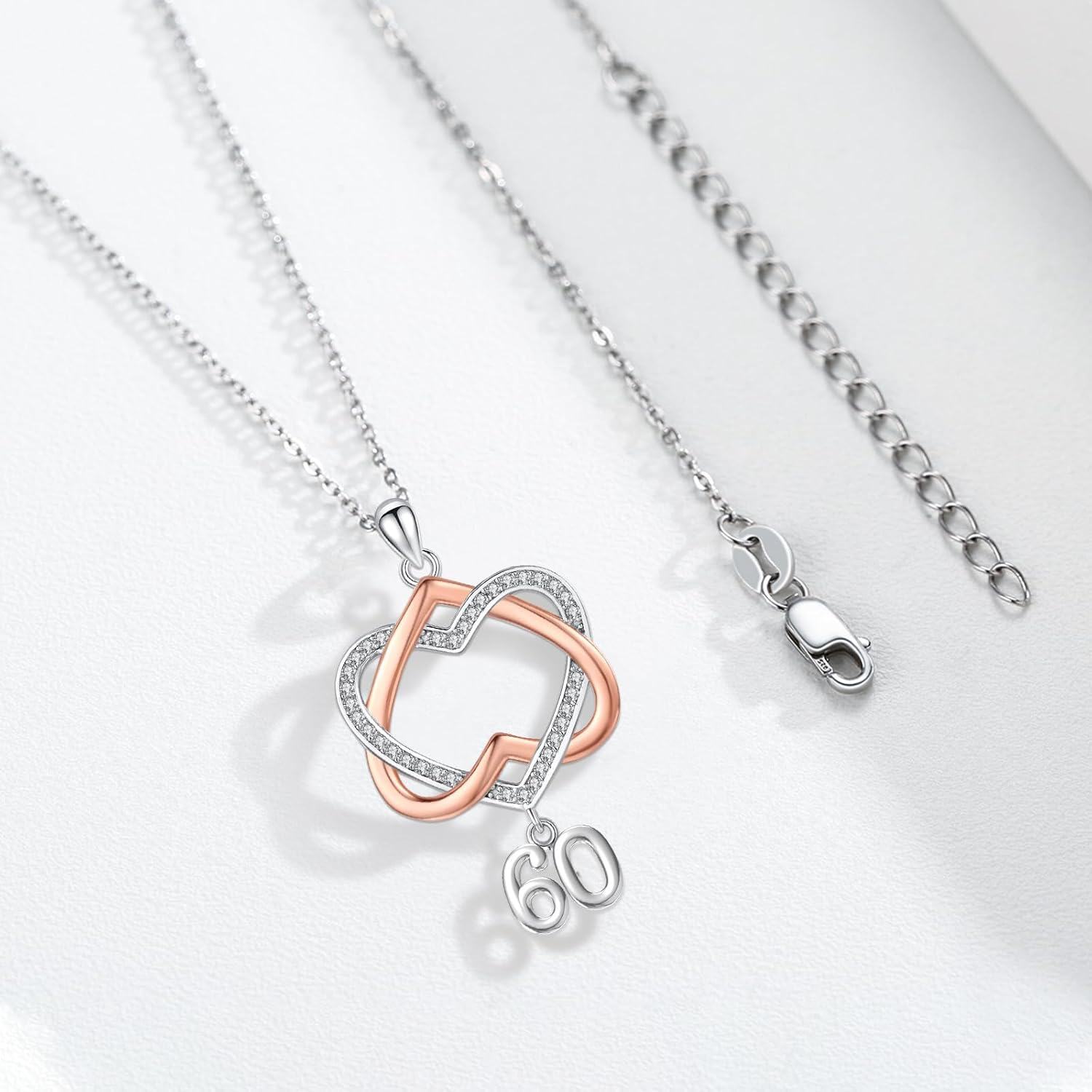 wholesale 925 Sterling Silver Double Heart with 60th Anniversary Charm Pendant Necklace s for Women and Girls-0-2