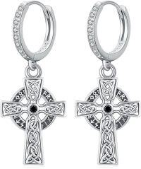 wholesale 925 Sterling Silver Celtic Cross Drop Earring Set with Black Stone and White CZs - Irish Style Jewellery Gift for Her Him-Hoop #1