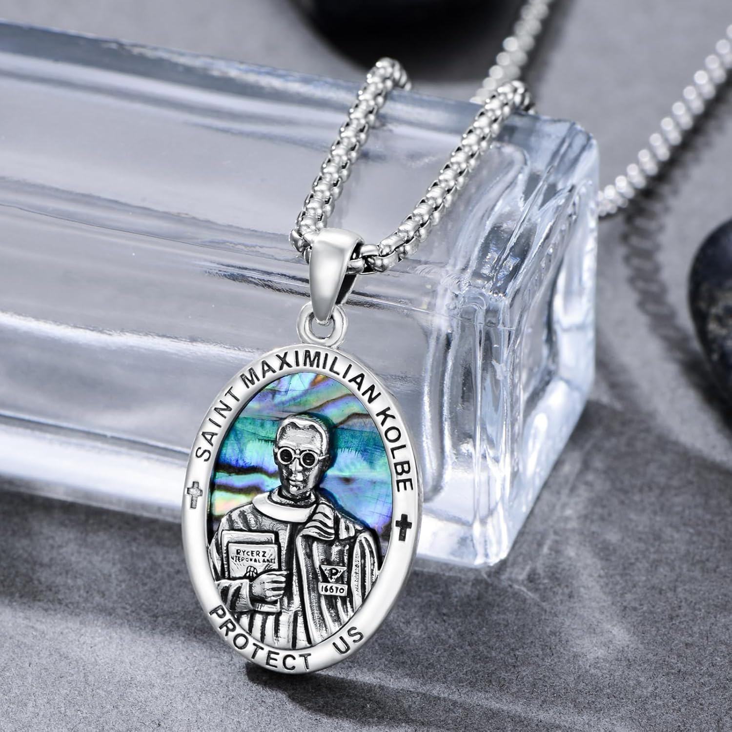 wholesale 925 Sterling Silver Saint Maximilian Kolbe Protect Us Medal Pendant Necklace with Stainless Steel Chain with Abalone Shell and Crosses-0-1