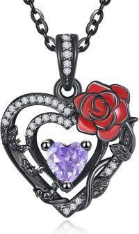 wholesale 925 Sterling Silver Red Rose Black Heart Birthstone Necklace for Women-06 June - Alexandrite