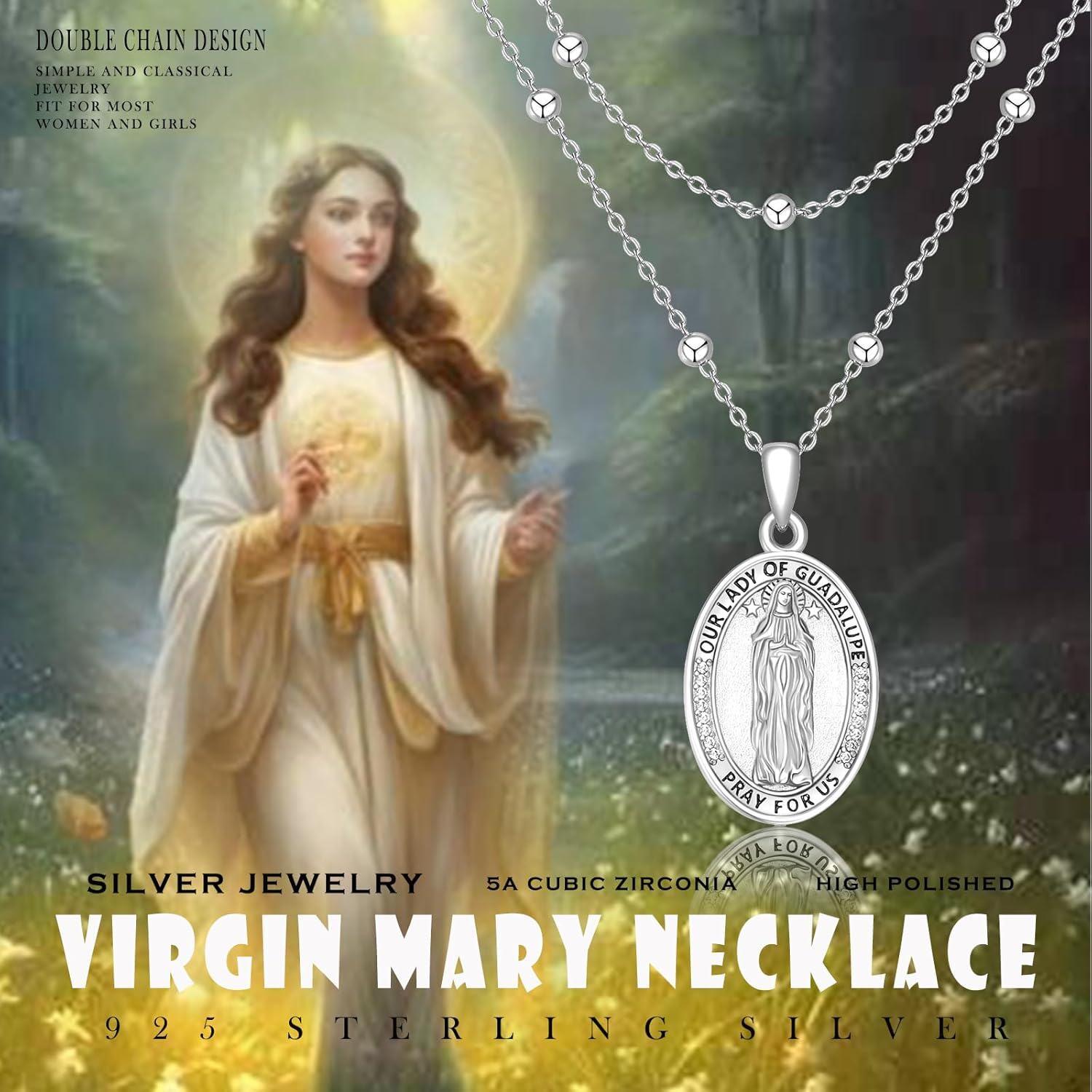 Sterling Silver Our Lady of Guadalupe Virgin Mary Medal Pendant Necklace-0-6