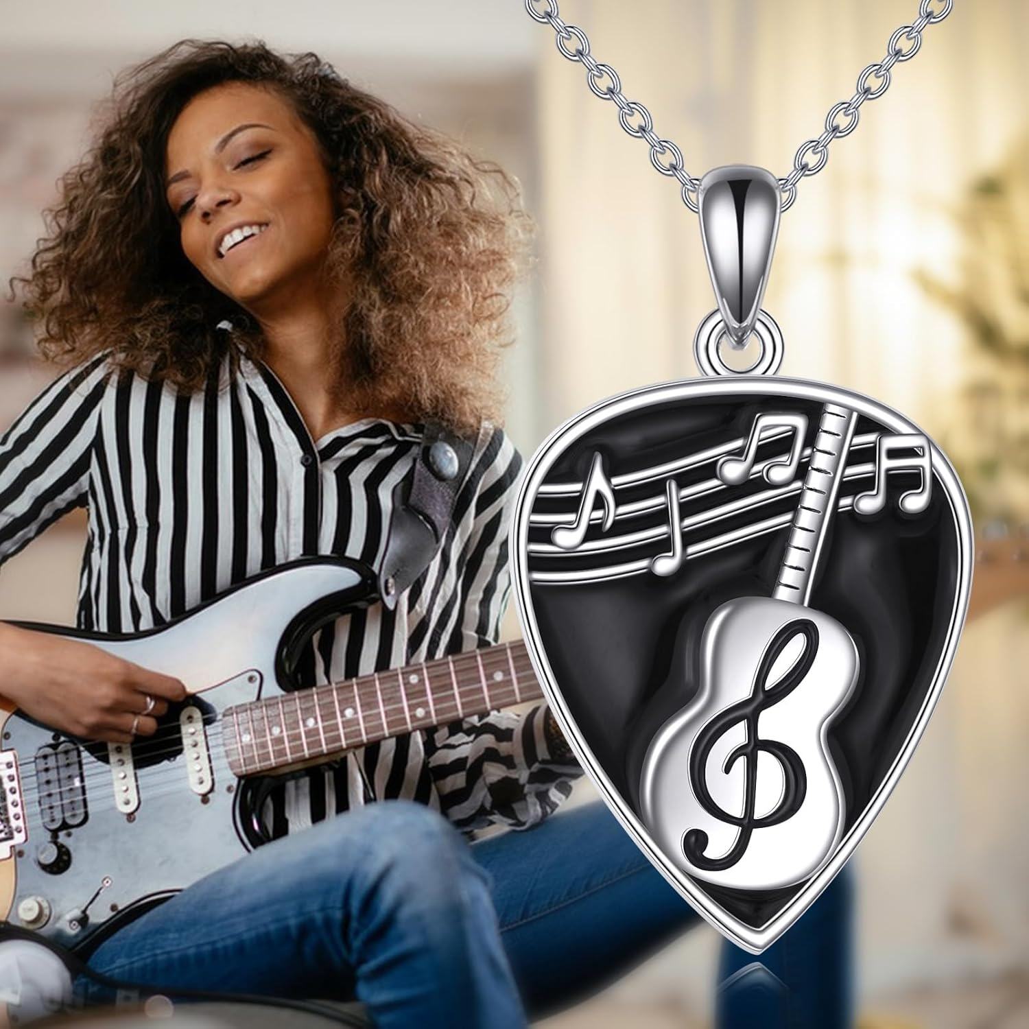  Sterling Silver Music Necklace w Earphone Guitar Pick Note Pendant Anniversary Birthday Gifts -0-6