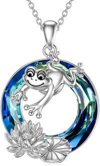 wholesale 925 Sterling Silver Frog Lotus Pendant Necklace with Blue Crystal and Chain for Women Girls  48cm Length-Frog
