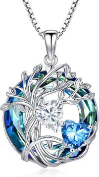 wholesale 18K White Gold Filled Sterling Silver Family Tree Pendant with 2 Heart Birthstones Blue Austrian Crystal Necklace for Women-04-12-Apr-Dec Birthstone