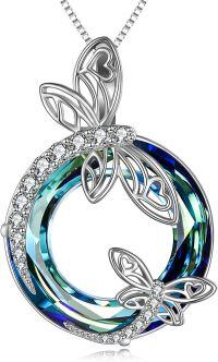 wholesale 925 Sterling Silver Blue Crystal Dragonfly Pendant Necklace for Women Birthday Christmas Gifts-A-Dragonfly Necklace-Blue Circle Crystal-Circle Crystal