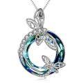 wholesale 925 Sterling Silver Butterfly Circle Blue Crystal Cubic Zirconia Pendant Necklace For Women-0-0