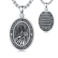 wholesale 925 Sterling Silver Saint Jude Thaddeus Medal Pendant Necklace Oxidized Religious Chain-A06-Saint Jude-Silver(Oval)