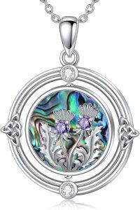 wholesale 925 Sterling Silver Celtic Knot Abalone Shell Purple Crystal Thistle Pendant Necklace Irish Lucky Charm s for Women Girls-Round Scottish Thistle